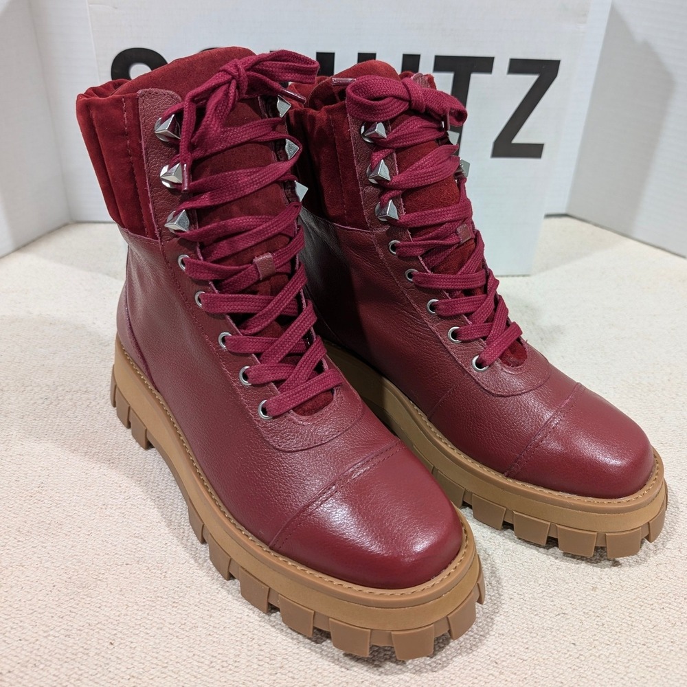 Schutz Sutton Dark Red Burgundy Leather Suede Lug Sole Combat Boots 7B NIB - Picture 4 of 11